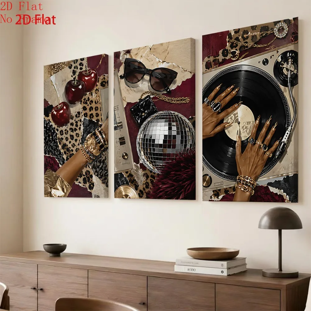 （NO Frame 3PCS）-2D Flat, 2D Flat No Frame 3pcs- Three Panels with Hands Cherries Fashion Glasses Disco Ball and Turntable in