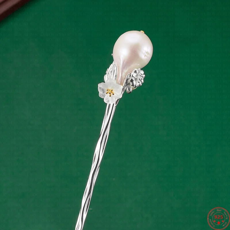 

S925 Sterling Silver Hair Sticks for Women Emboss Flowers Inlaid Baroque Pearl Crystal Hair Forks Hairpin Jewelry Wholesale