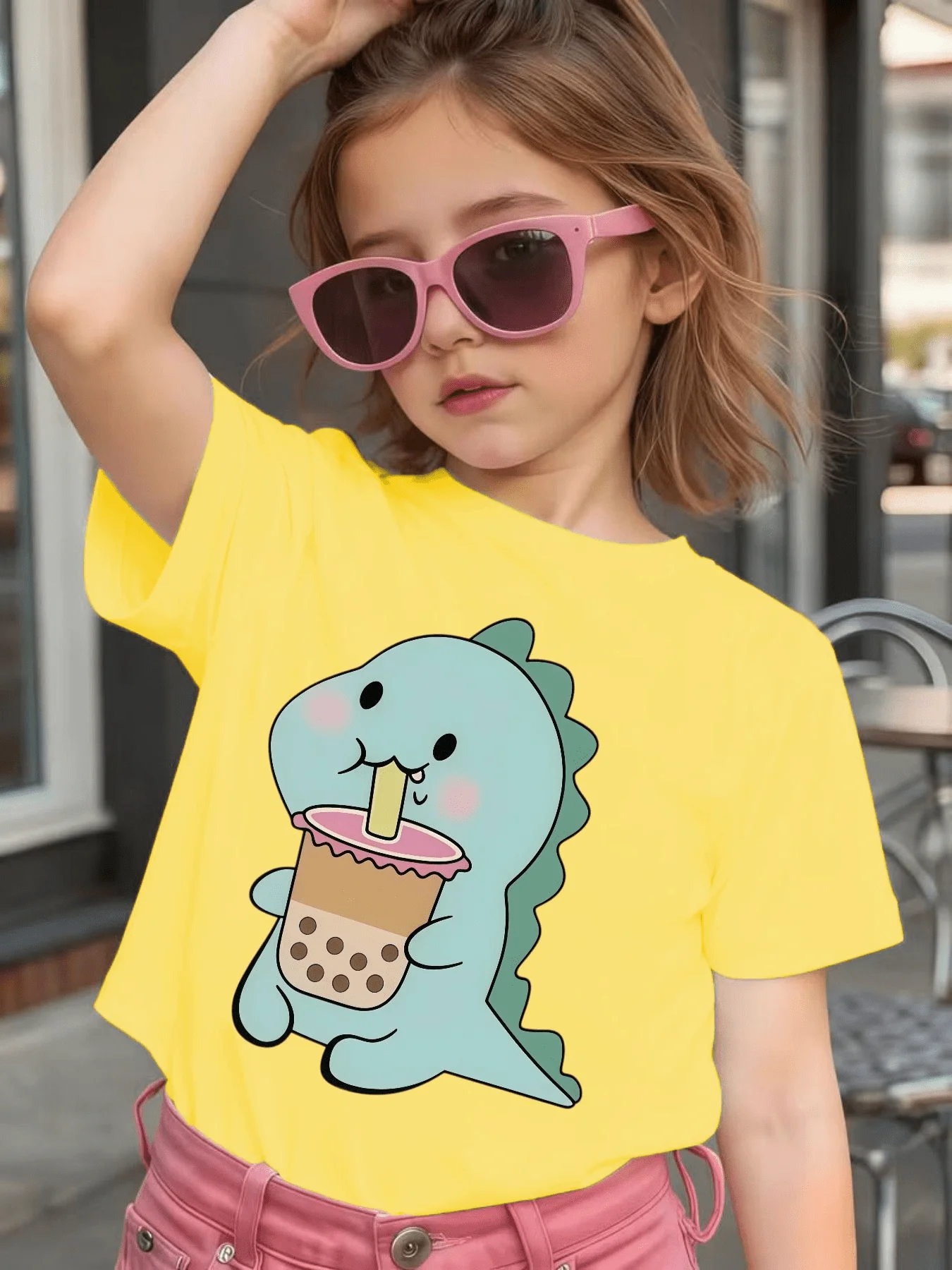 Family Tee Cute Light Dinosaur Drinking Boba Milk Tea Cartoon Print Boys Girls Soft Short Sleeve Kid Daily Casual Matching Tops