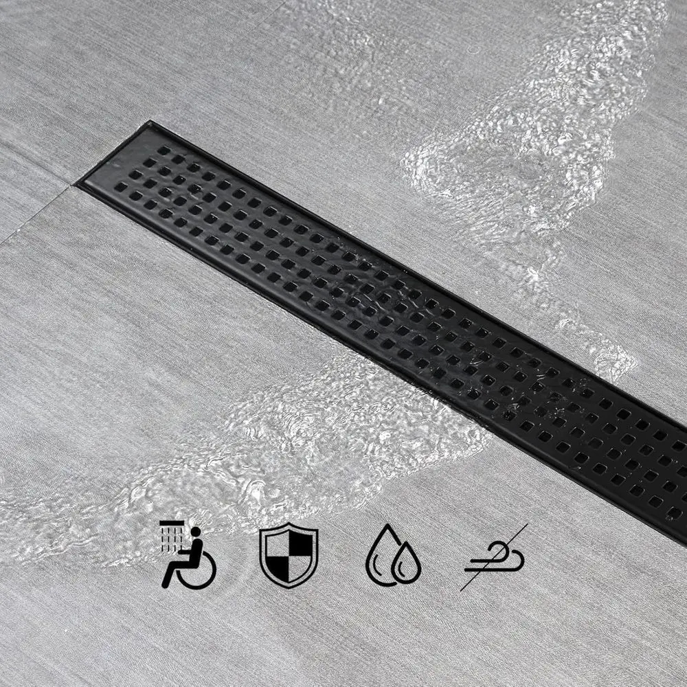 24 مصفاة دش خطية سوداء غير لامعة مع شبكة قابلة للإزالة ومصفاة شعر، من الفولاذ المقاوم للصدأ قابل للتعديل