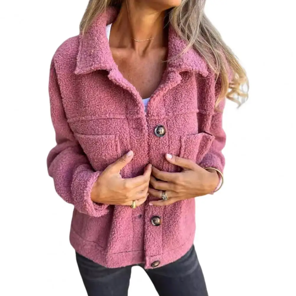 Single-breasted Jacket Women Jacket Cozy Fleece Winter Jacket with Double Pockets Button Closure Women\'s Long Sleeve for Outdoor