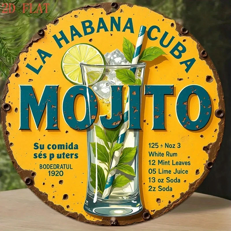 2D Flat Design, 1 Piece Vintage Mojito Cocktail Recipe Sign - Cuban Rum Mojito Mixed Wall Art - Metal Poster Suitable for Home Decor