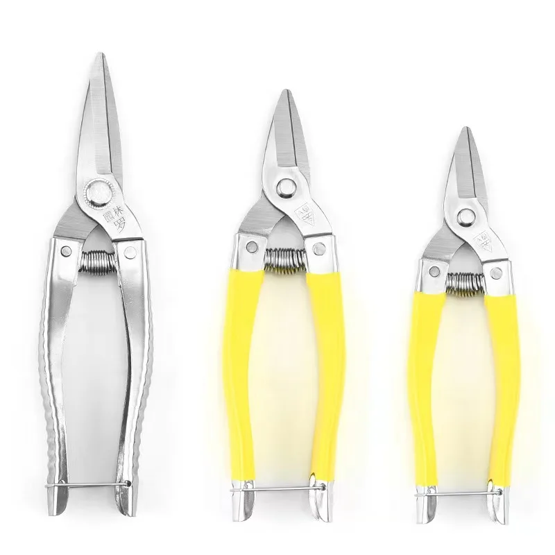Straight Head All Stainless Steel Blade Household Pruning Shears Powerful Fruit Garden Scissors with Automatic Return Spring