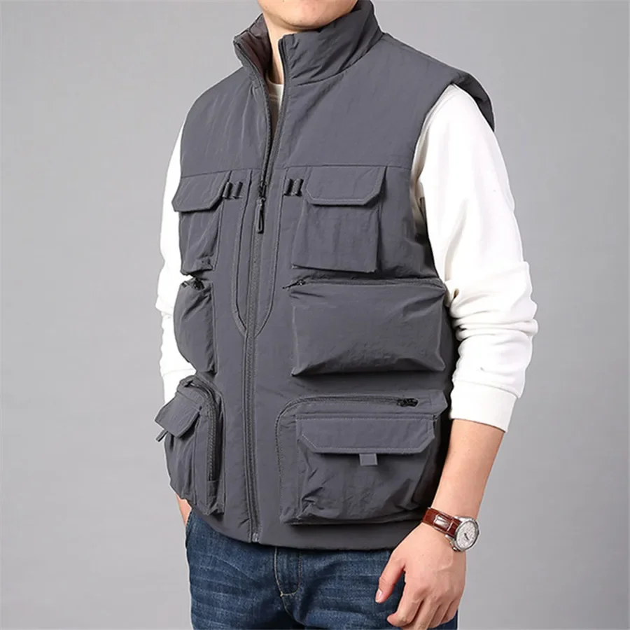 Winter Warm Men's Cargo Vest Thick Fleece Sleeveless Jacket Tactical Coat Men Pockets Work Wear Grey Waistcoat Oversize 6XL