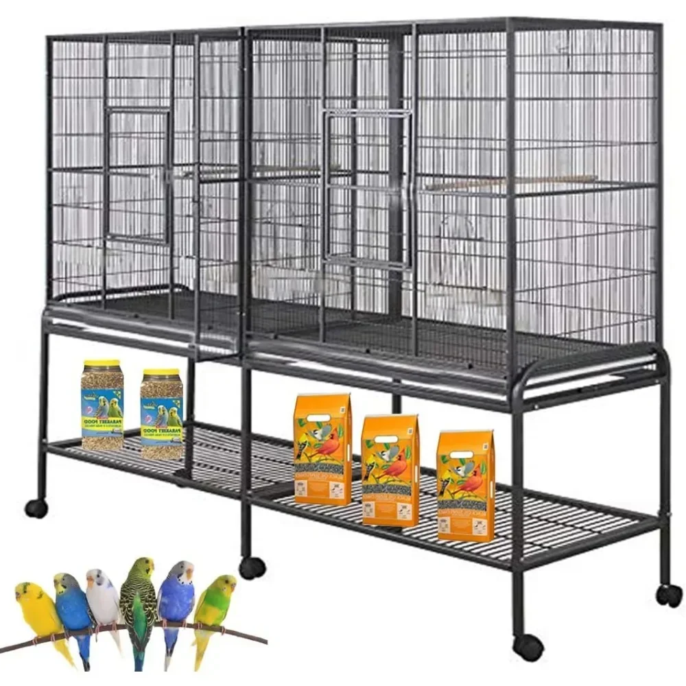 

Large Double Birdcage, Treehouse Bird Flight Center Partition Cage, Detachable Rolling Frame, Birdcage
