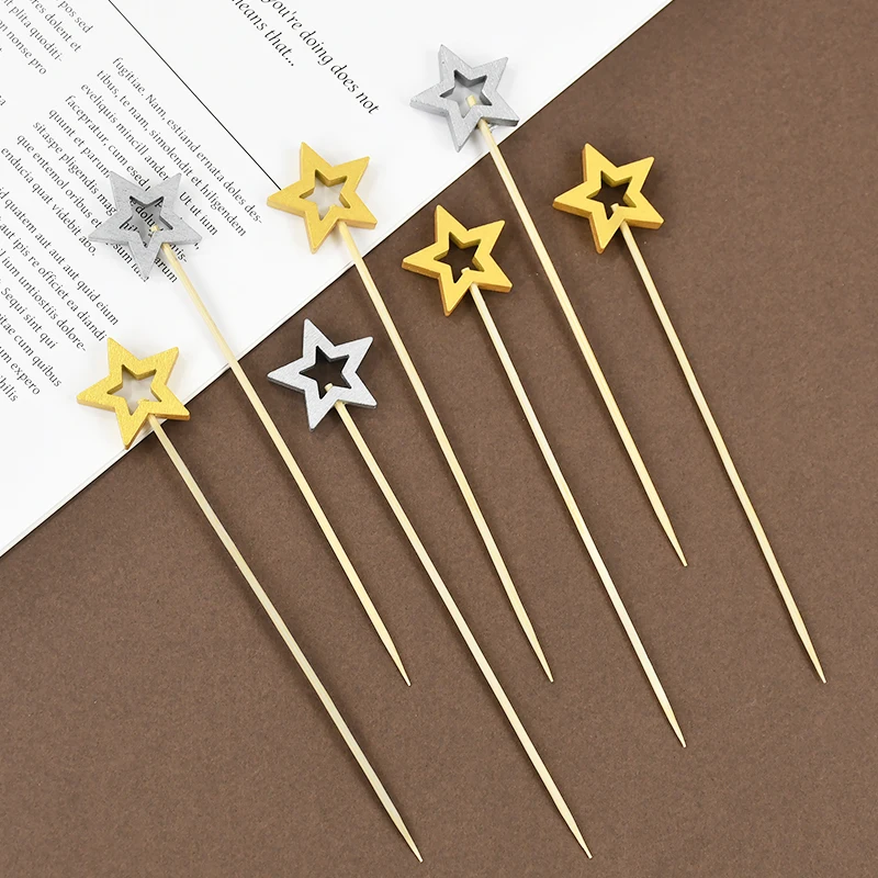 50PCS 스타 일회용 대나무 꼬치 골드 실버 뷔페 과일 음식 추천 칵테일 Decors 포크 크리스마스 생일 웨딩 장식