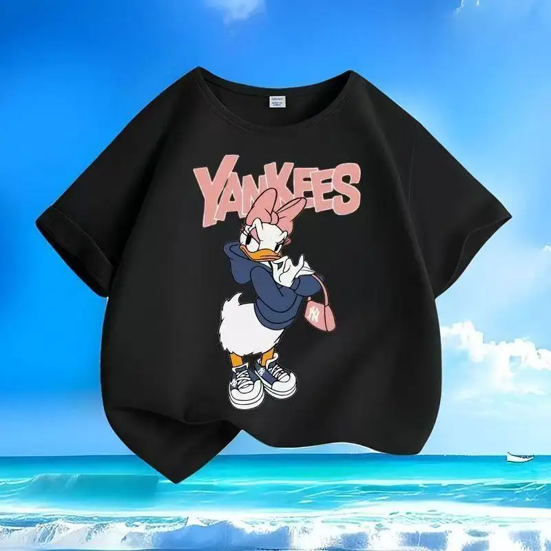 ديزني ديزي مطبوعة قصيرة الأكمام تي شيرت الأطفال الكرتون س الرقبة لينة تنفس أعلى الصيف طفل الفتيات الملابس الصلبة طفل صبي #4