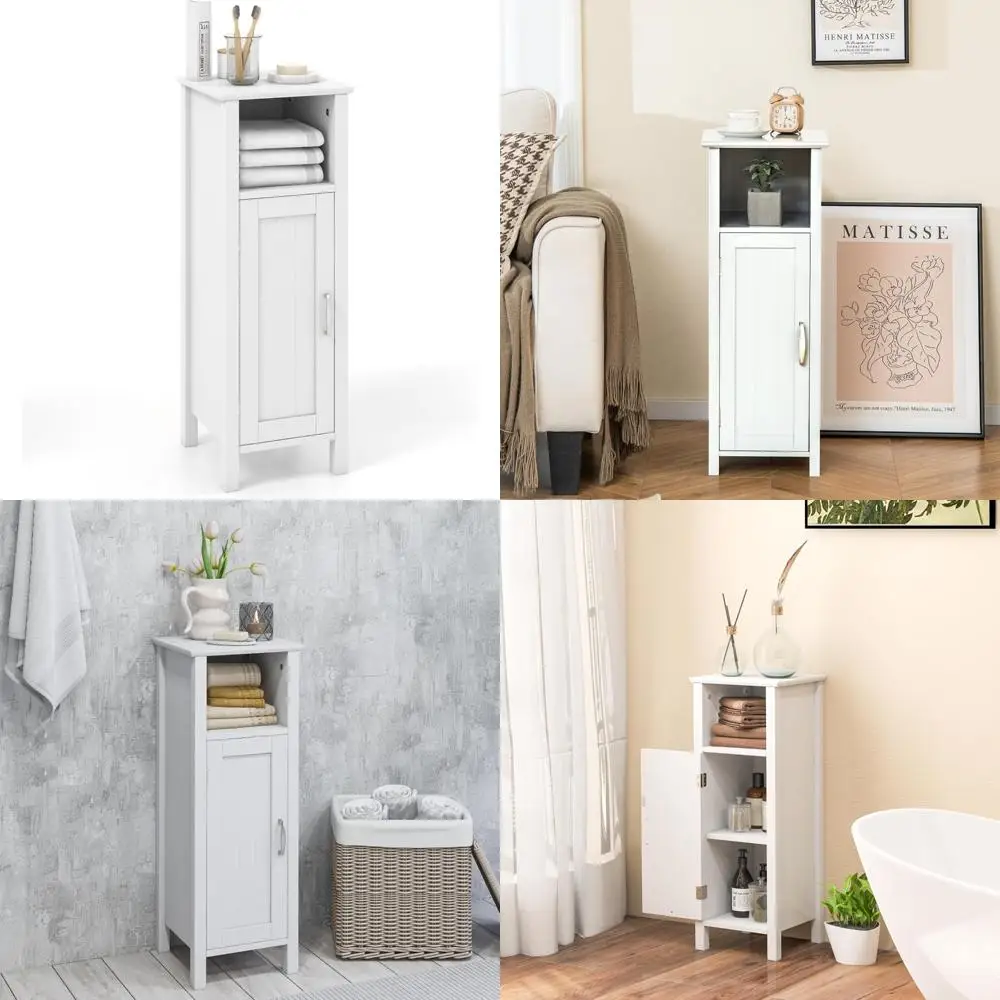 

single door bathroom floor cabinet with open shelves and adjustable storage