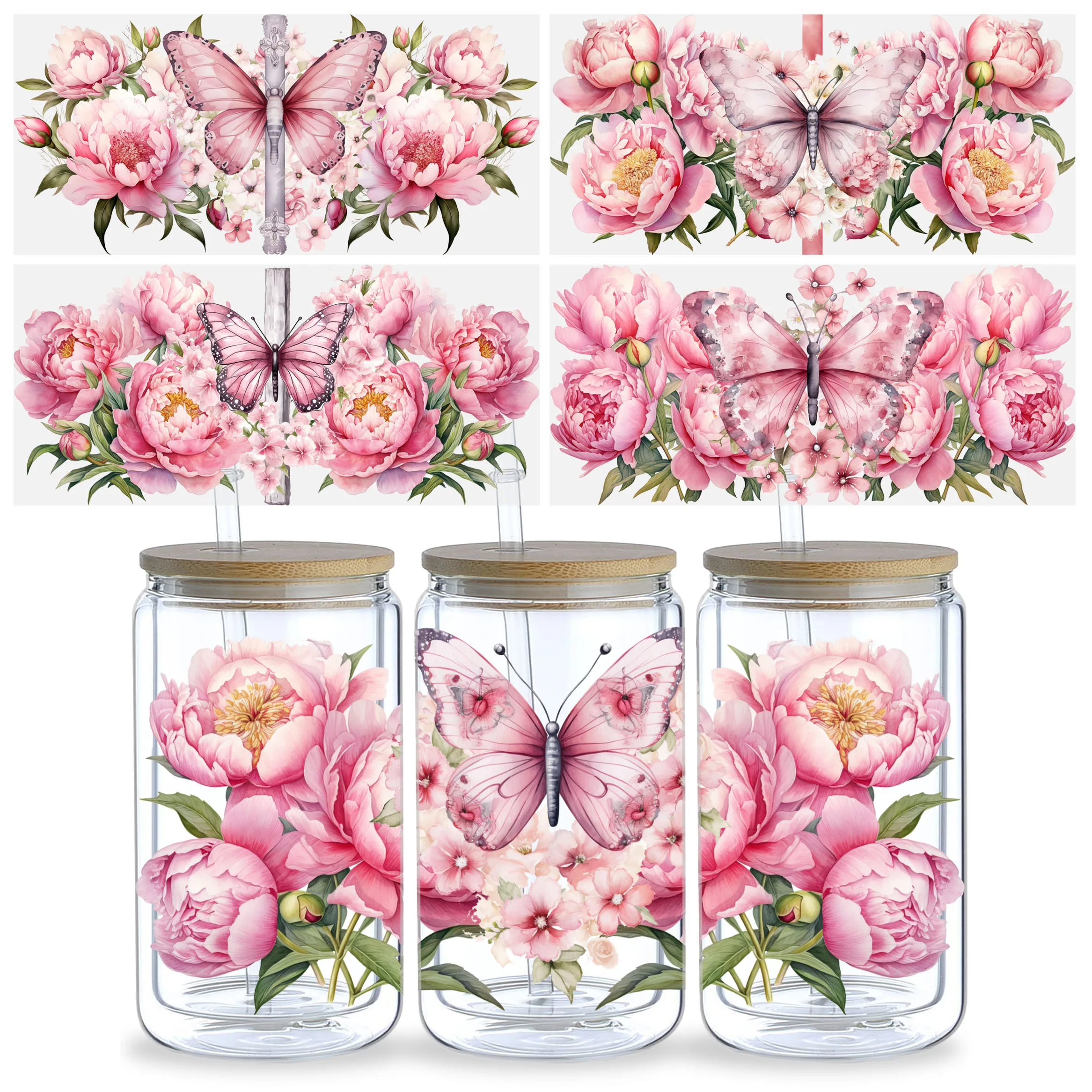 ملصقات dtf باللون الوردي على شكل فراشة وزهور ، 5 أوراق ، حركة الزجاج ، ورق نقل متعلق بالمياه