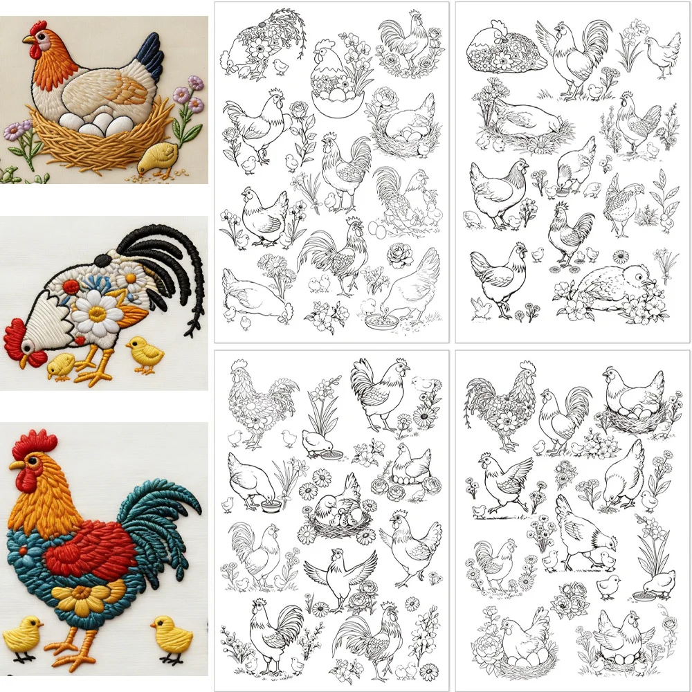 Chick Flower Stick & Stitch Wasserlösliches Stickpapier, Hühnerfarm-Muster Transferstabilisatoren für Nähanfänger