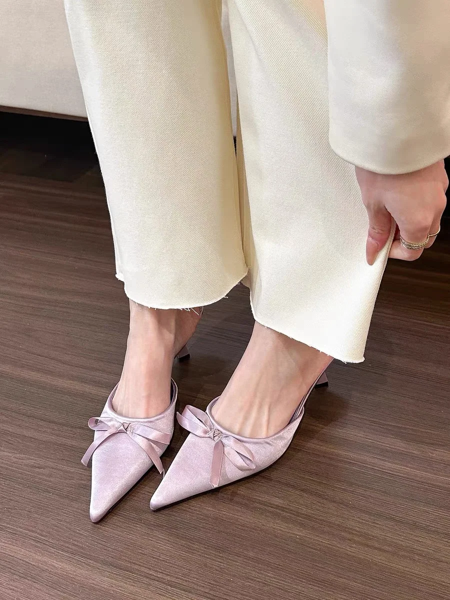 New Silk Butterfly-knot Women's Slippers Sandals Pointed Toe High Heel Pumps Ladies Stripper Mules Shoes High Heel Shoes