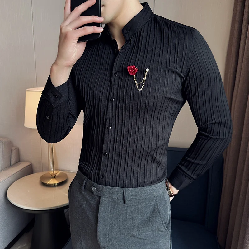 

Brand Quality Spring Men Social Black Striped Shirts Luxury Men's White Slim Fit Long Sleeve Dress Shirt Fashion Casual Techwear