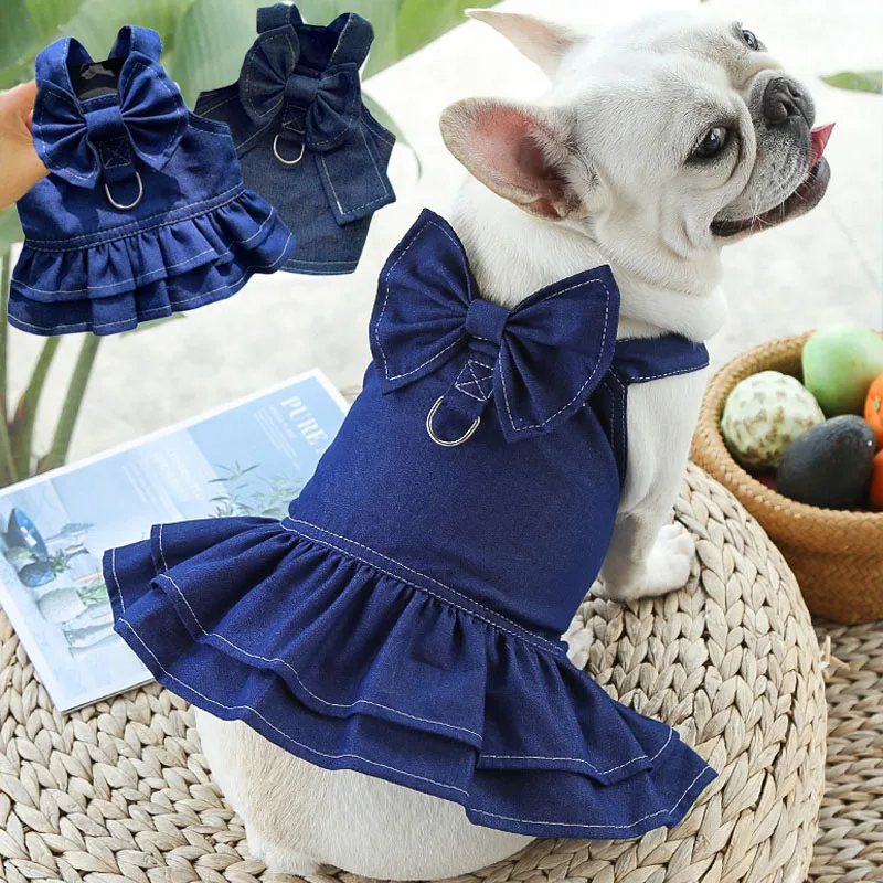 Denim Clothes For Dog Spring Summer Dog Dress Harness French Bulldog Jeans Cat BowTie Hoodies Small Large Dogs York D-Ring Skirt