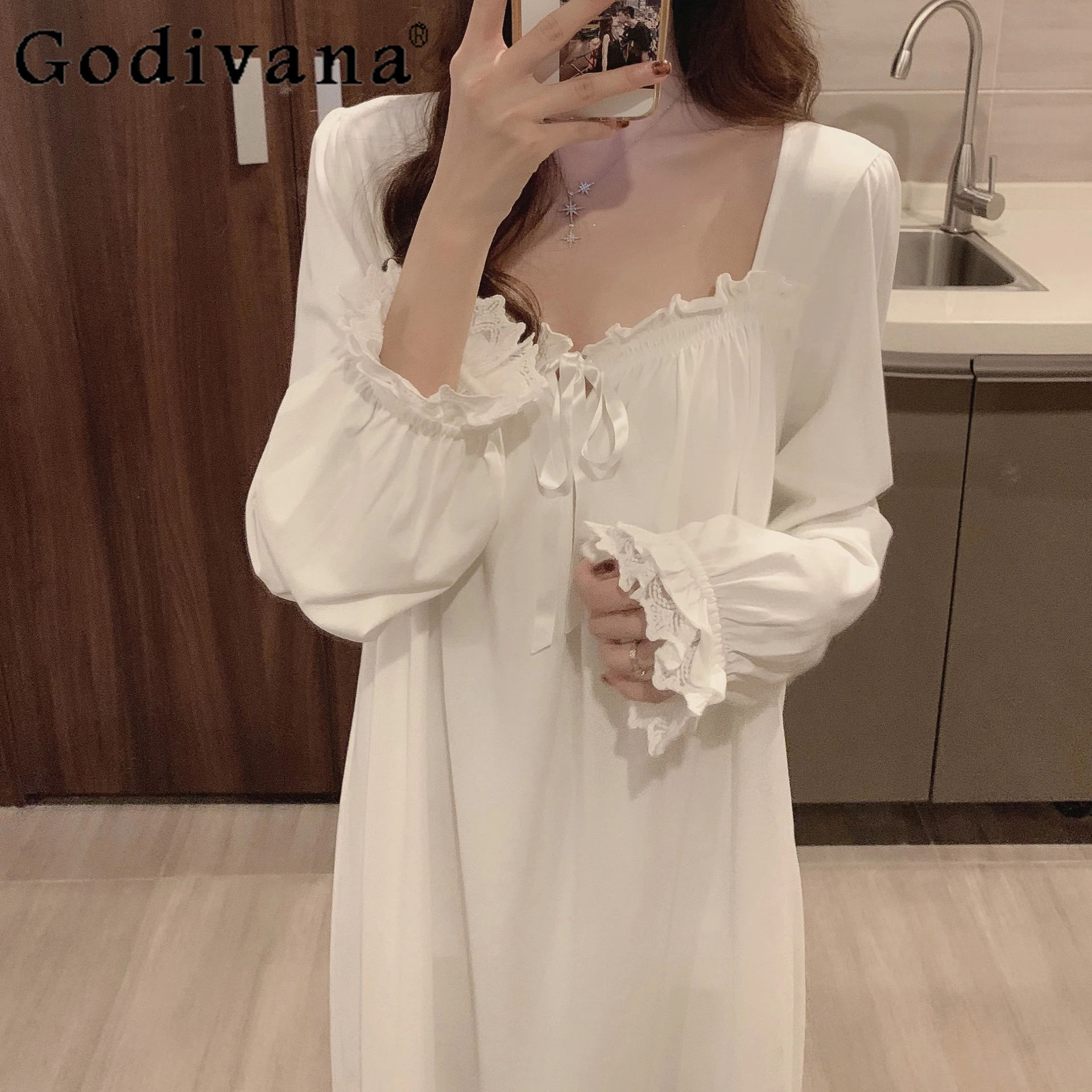 Womens Sleepwear Vintage Cotton Court Style Pajamas Casual Princess Home Dress Pajama Sweet Sleepshirts Set