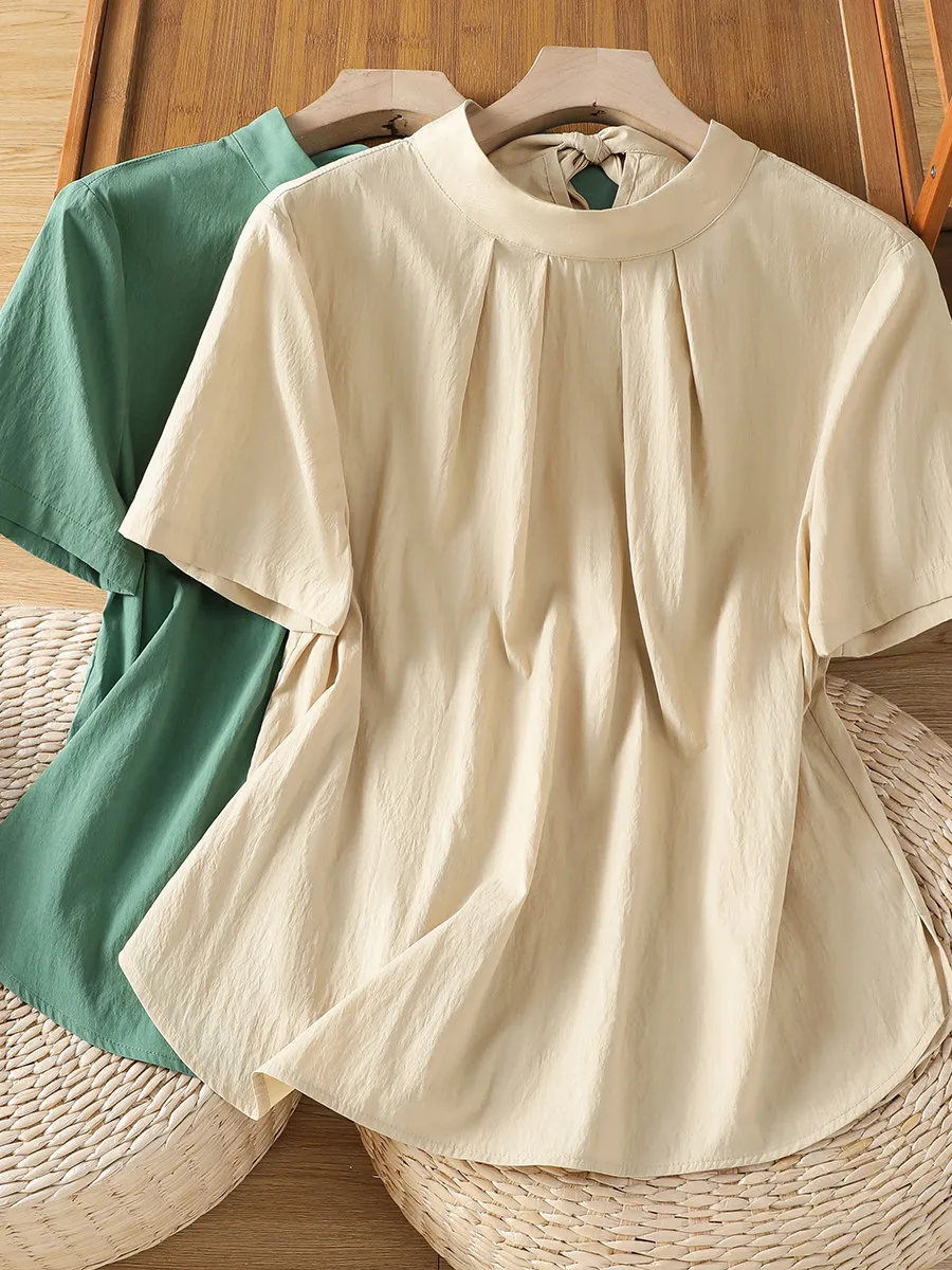 

Artistic Loose Fit Short Sleeve Shirt Stand Collar Elegant Versatile Summer Top for plus Size Women High Waist A-Line Skirt