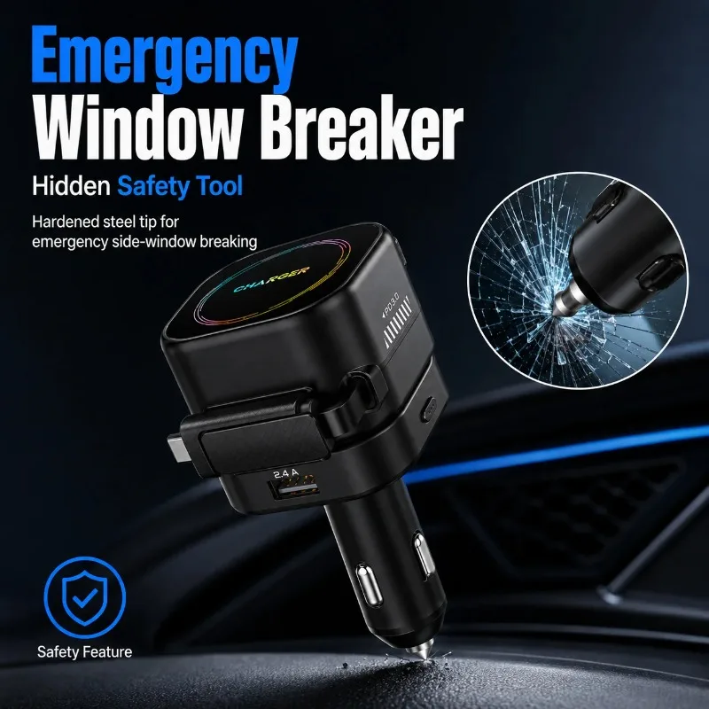 4 in 1 Retractable Car Charger 45W PD USB C 15W Lightning Cable Fast Charging 180° Rotating Emergency Window Breaker 12V 24V