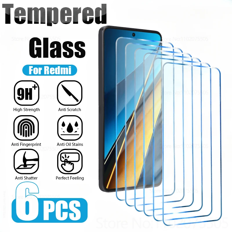 6PCS Tempered Glass For Redmi Note 13 12 11 10 9 8 Pro 5G 12S 11S 10S Screen Protector For Redmi 13C 12C 12 10C 10 9T 9A 9C 9 8