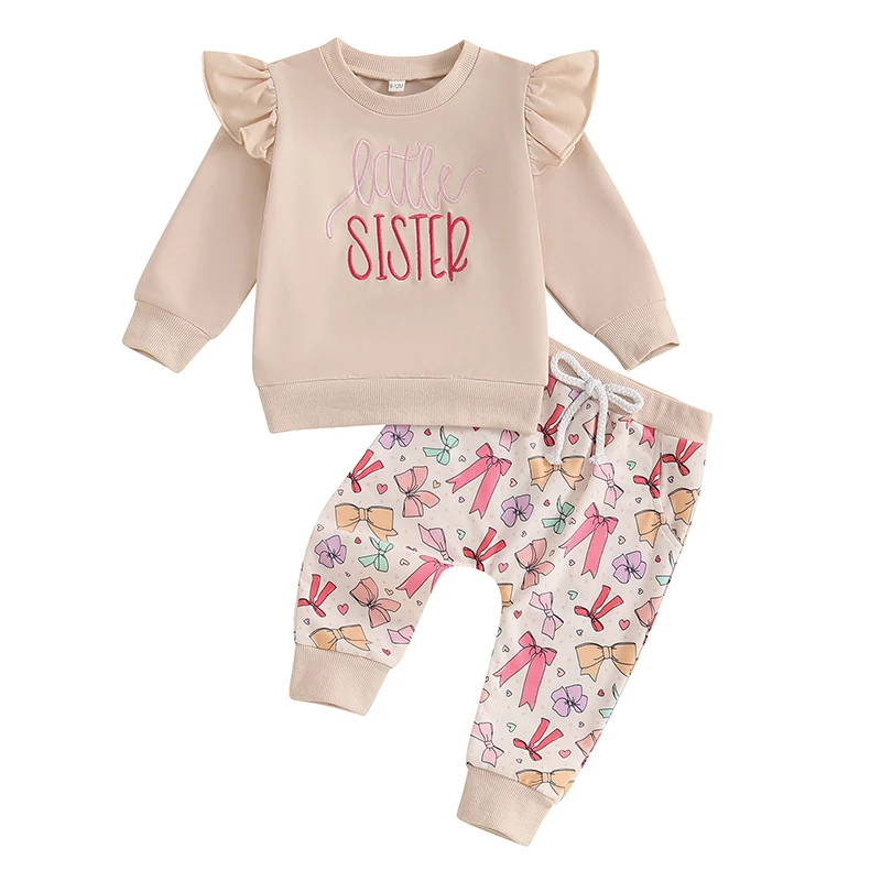 Little Girls 2PCS Fall Sets Long Sleeve O Neck Letter Embroidery Tops Bow Print Drawstring Pants