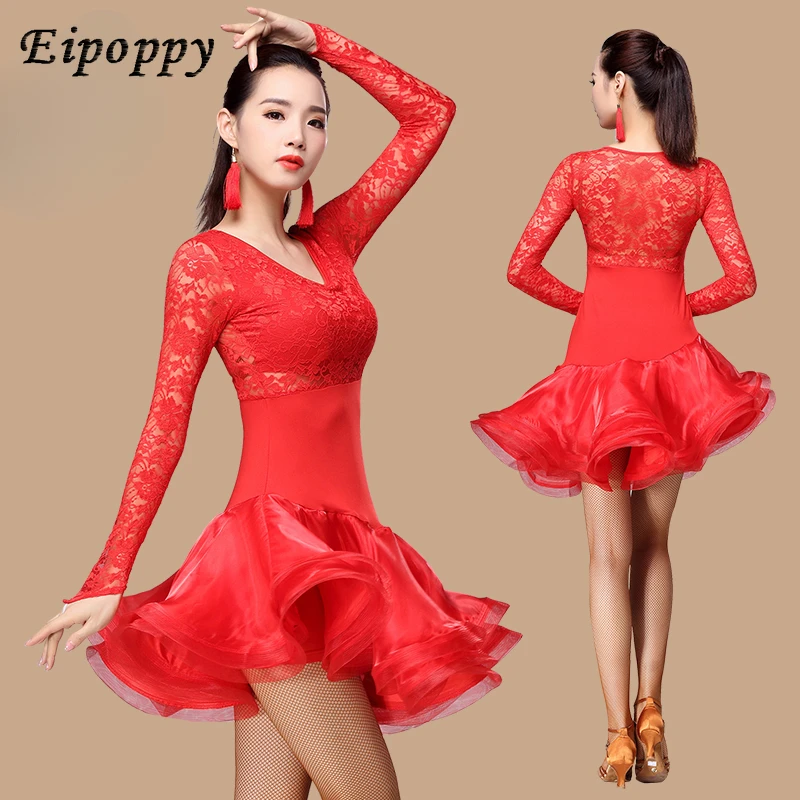 ชุดเต้นรำละตินสำหรับผู้หญิง, ชุดกระโปรงลูกไม้แขนยาวกระโปรงเต้นรำใหม่ฤดูใบไม้ร่วงและฤดูหนาว