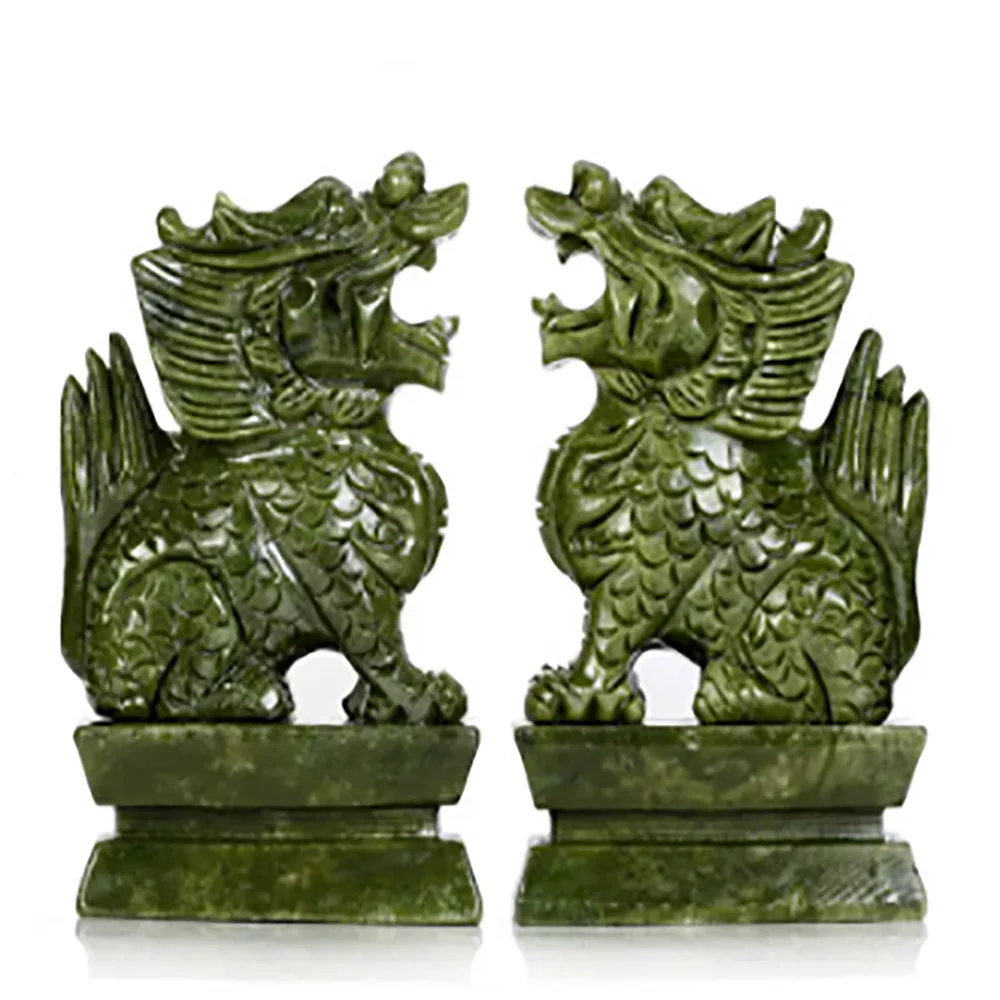 

A Pair 100% Natural China Green Jade Carved Fengshui Kylin Qilin Chi-lin Beast