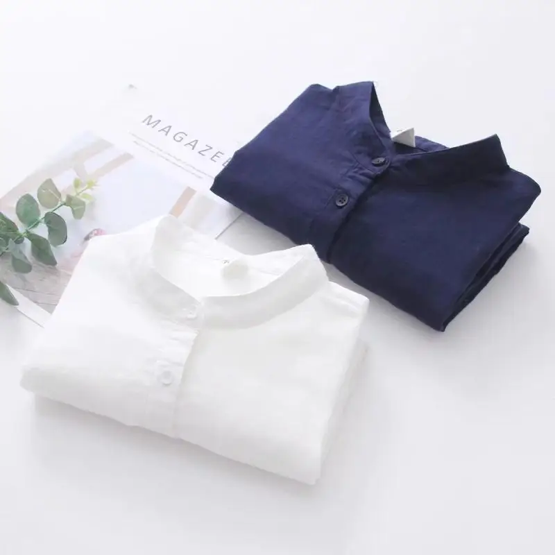 

Korean Sle Simple Small Stand Collar Artistic Slim Fit Double Layer Cotton irt Women Base Layer Top 4593