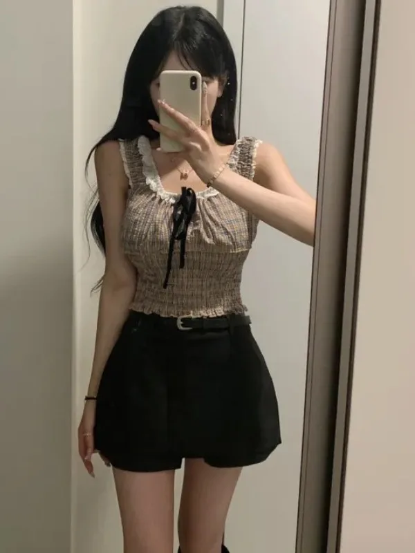 

Faionable Patchwork Knot Tie Vest irt Women's Chic Pleated Slim ort Top Trendy Commute Sle Plaid Pattern