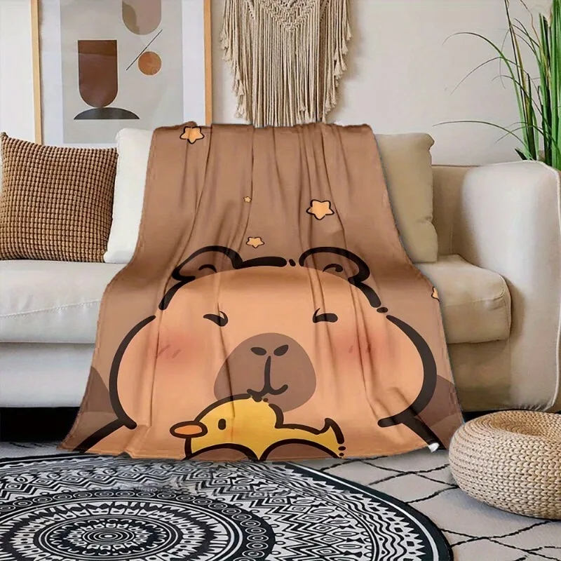 Soft Flannel Cartoon Capybara with Duck Print Throw Blanket Flannel Cozy for Home Office Nap Gift for Family and Friends Blanket