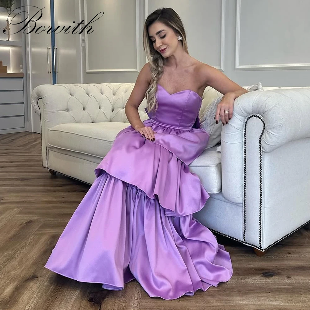 

Фиолетовые вечерние платья Bowith, милое многоуровневое атласное платье трапециевидной формы для выпускного вечера, индивидуальное платье de fiesta, женское платье с бантом сзади