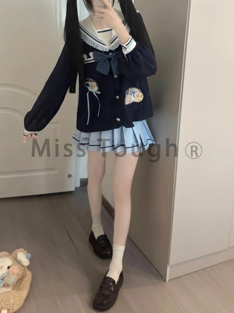 Japanese Preppy Style Sweet JK Two Piece Sets Women Navy Collar Coat + Blue Pleated Skirt New Harajuku Kawaii Suits Autumn 2024