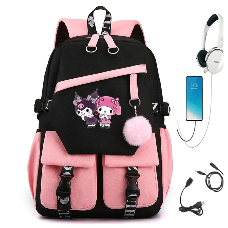 Mochila MINISO Kuromi para meninas, Bolsa escolar Anime para adolescente, Mochila para laptop de lona, Mochila feminina dos desenhos animados