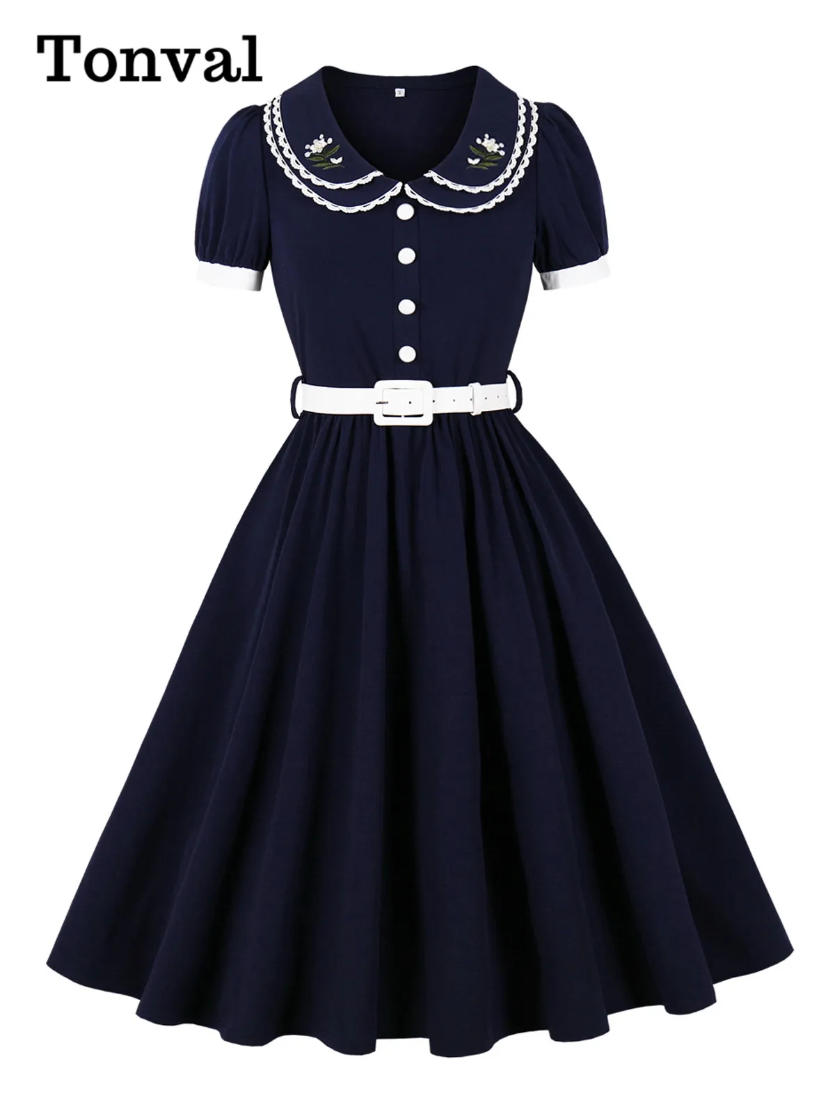 Tonval Lace Trim Embroidered Peter Pan Collar Vintage 1950s Party Clothes for Women Buttons Front Belted Midi Swing Dresses