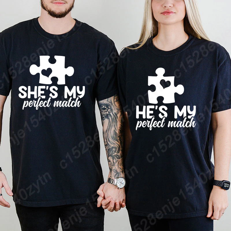 Matching T-shirts For Couples For Him And Her He's My Perfect & She's My Perfect Match T-Shirt Summer Short Sleeve Tees