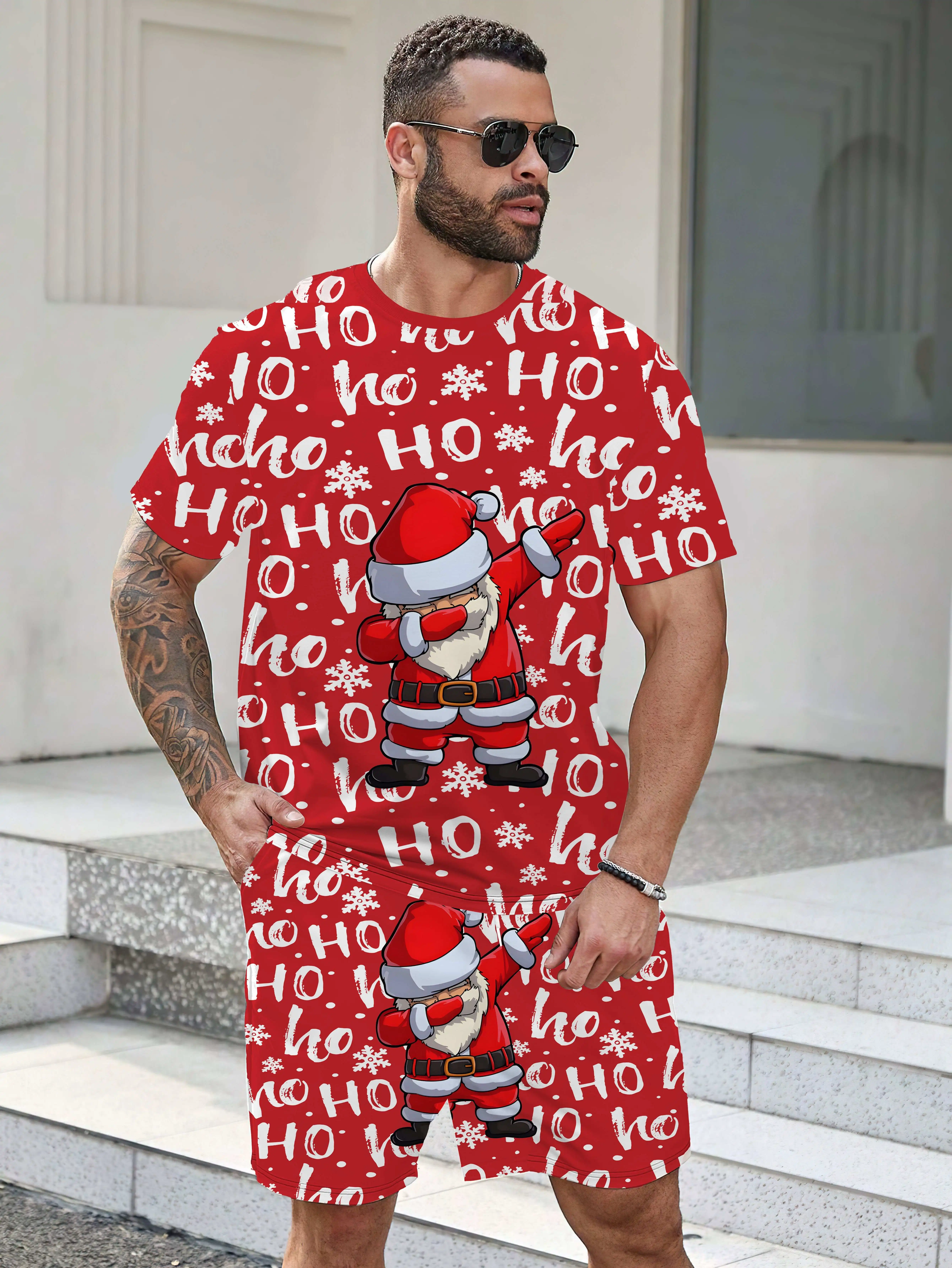 Christmas Santa Claus Printed Tracksuit For Men Short Sleeve Tshirt+Shorts Sets 2 Piece Outfit Casual Suit Oversize Male Clothes