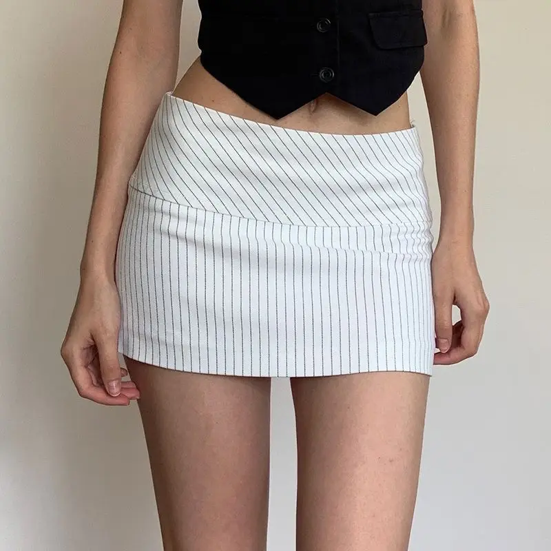American Basic Striped Midi Skirt for Women Low Waist Slim Fit Street Spicy Girl Color Blocking Hip Hugging Short Skirt