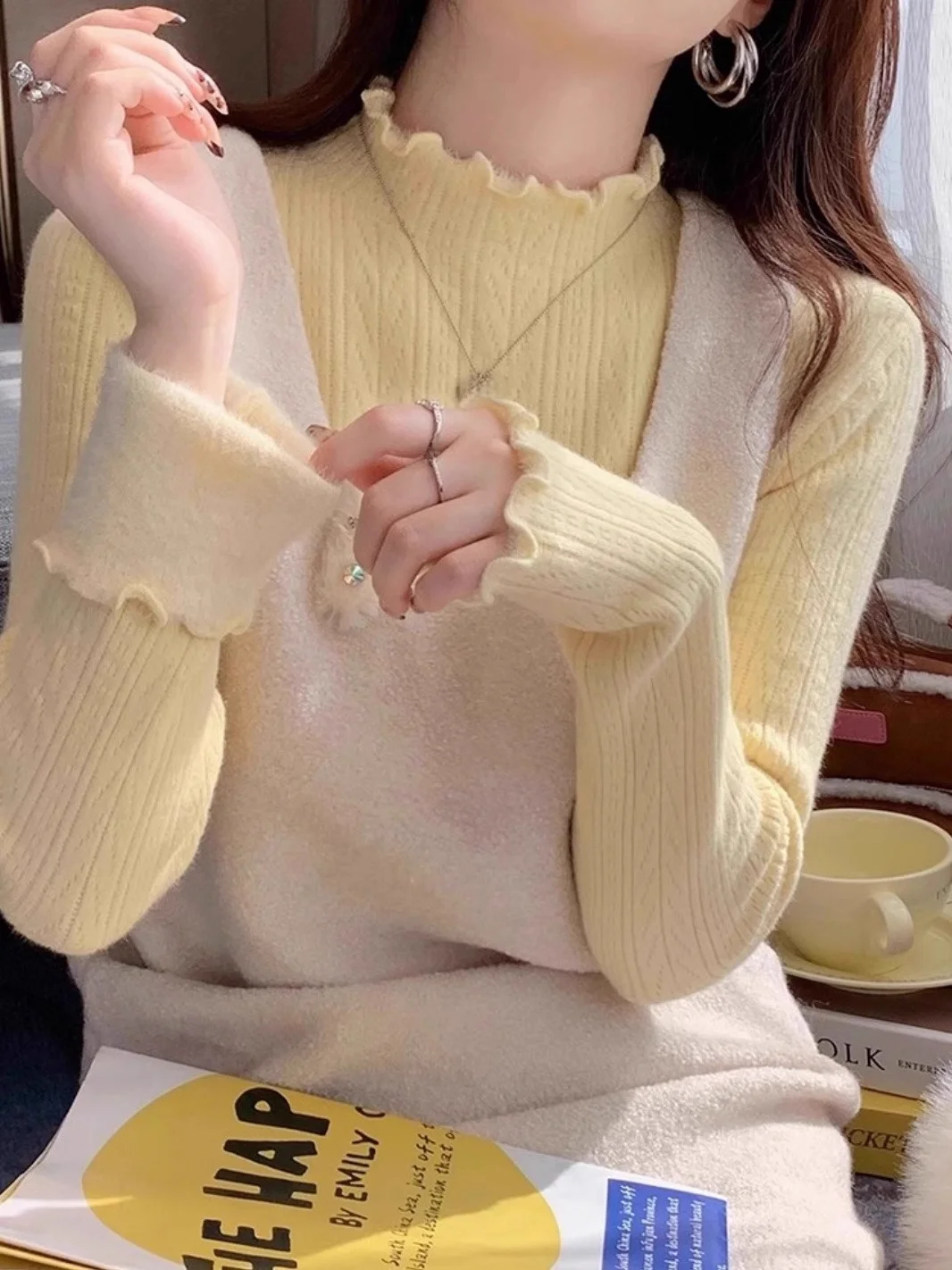 

Желтый женский вязаный свитер с высоким воротником, на флисовой подкладке, утепленный, осенне-зимний, для ношения под одеждой, цельный, велюровый, вязаный топ