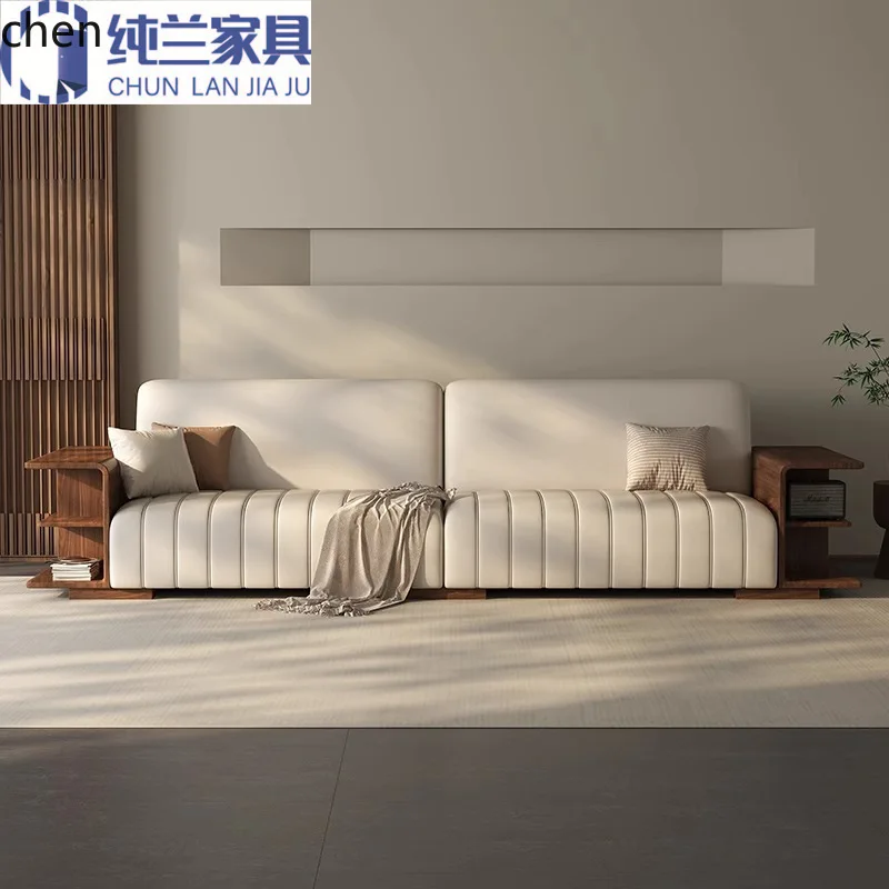 HXL Black Walnut Straight Row Sofa Minimalist Leather Lounge Chair Living Room Furniture