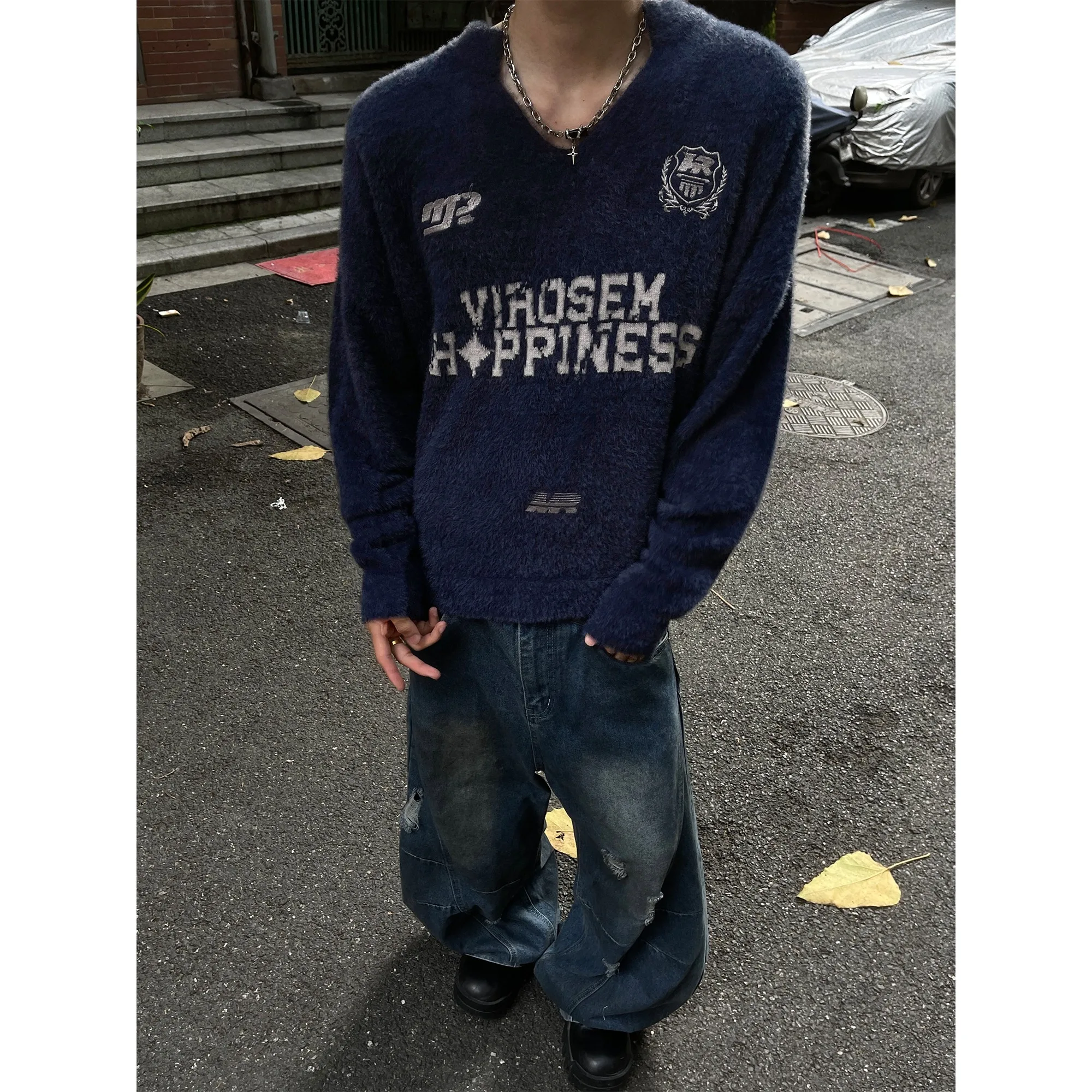 

American Retro Knitted Sweater Men's Loose Fit Autumn Winter New Sle Lazy Cool Sle Polyester Fiber V-ne Long Sve