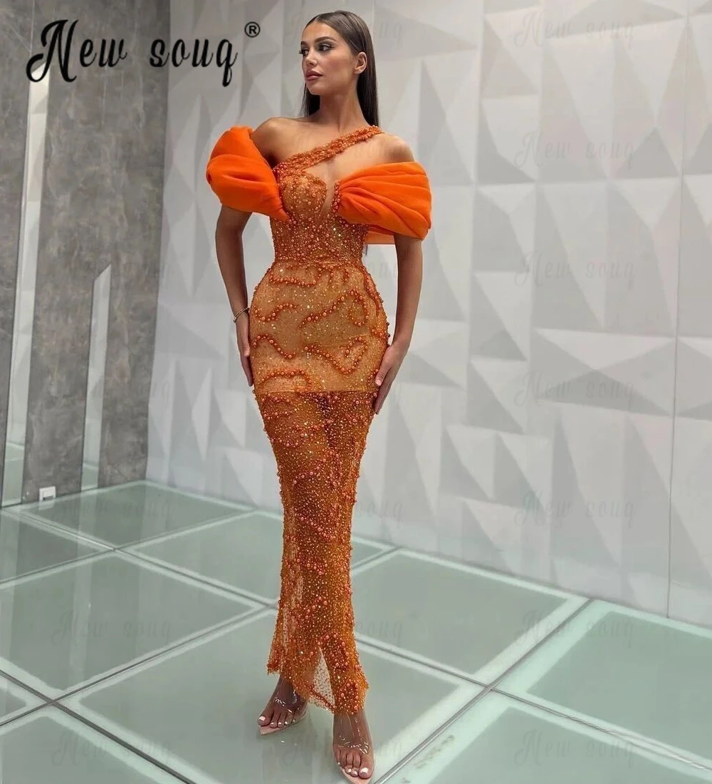 

Luxury Celebrity Gown Evening Dress Orange Off Shoulder Graduation Party Dresses Sparkle Formal Prom Gowns Robes De Soirée