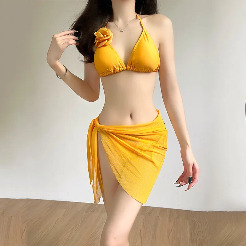 أطقم بكيني مثيرة ثلاثية الأبعاد على شكل زهرة kpop مكونة من ثلاث قطع ملابس سباحة عادية مع تنورة غطاء ملابس سباحة ملابس شاطئ بيكيني حلو تانكيني