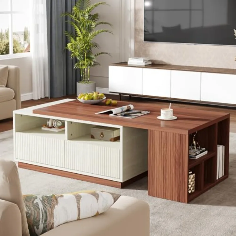 

Выдвижной журнальный столик с местом для хранения, двусторонний стол для гостиной с 2 полками с ящиками, большой центральный стол для гостиной Whi