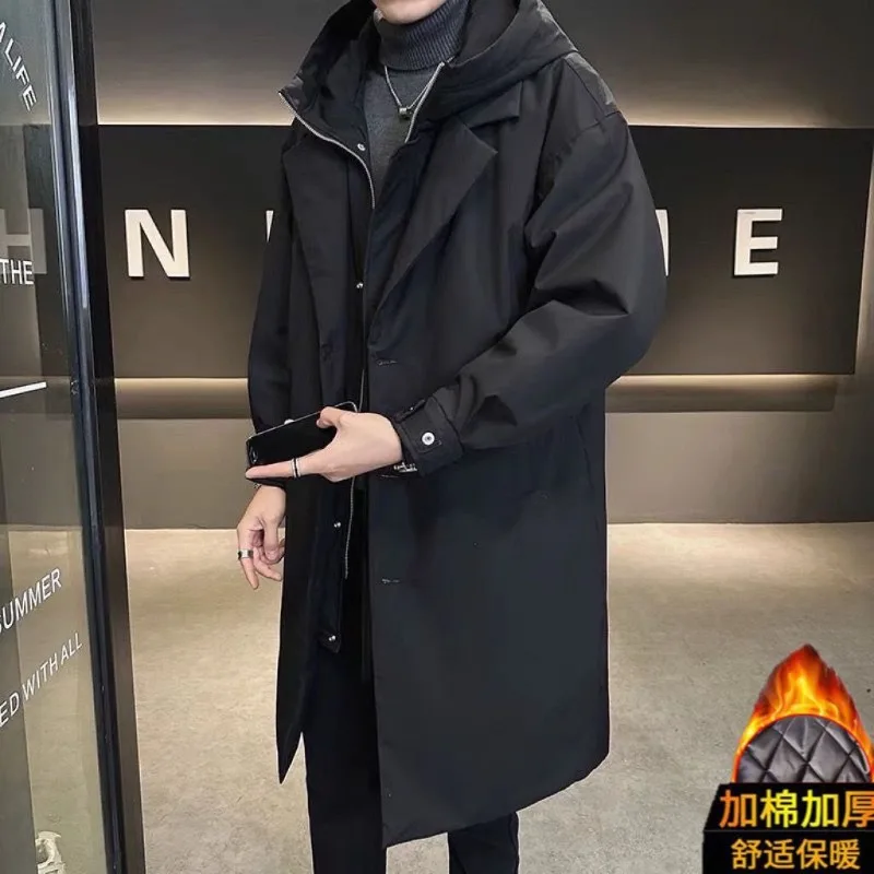 

Зимняя мужская куртка средней длины с хлопковой подкладкой, ветрозащитная теплая толстая парка с двумя капюшонами, ветровка, свободная посадка, повседневные длинные парки