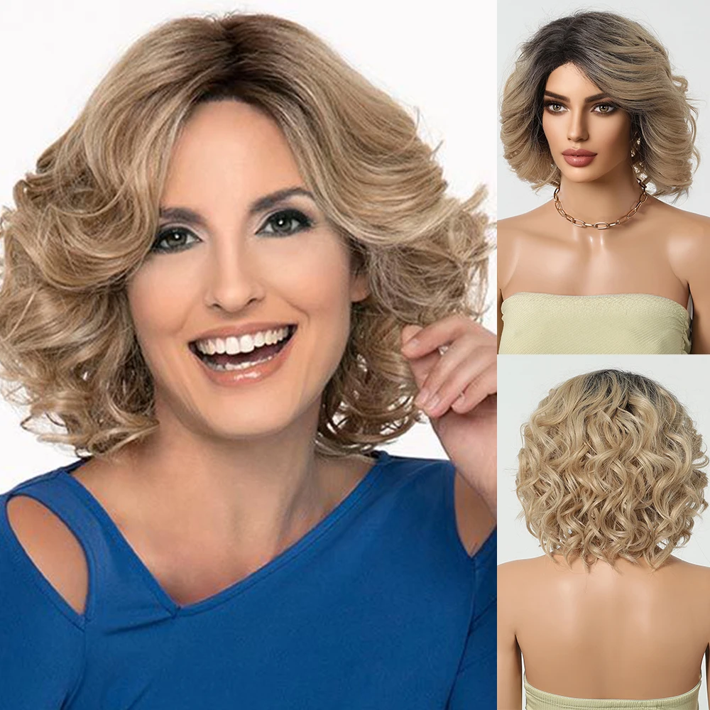 

Short Curly Bob Lace Front Synthetic Wigs Black Honey Blonde Ombre Wig for White Women Older HD Glueless Lace Wig Heat Resistant