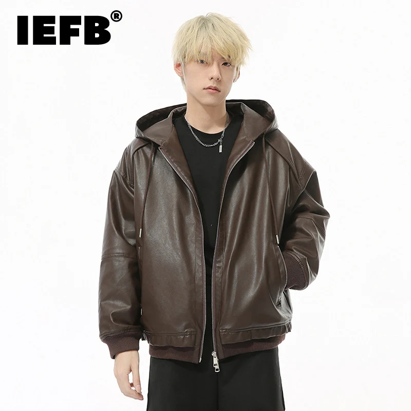 IEFB High Street Men's Padded Jackets Hooded Drawstring Solid Color PU Leather Zipper Patchwork Casual Male Cotton Coats 9C8976