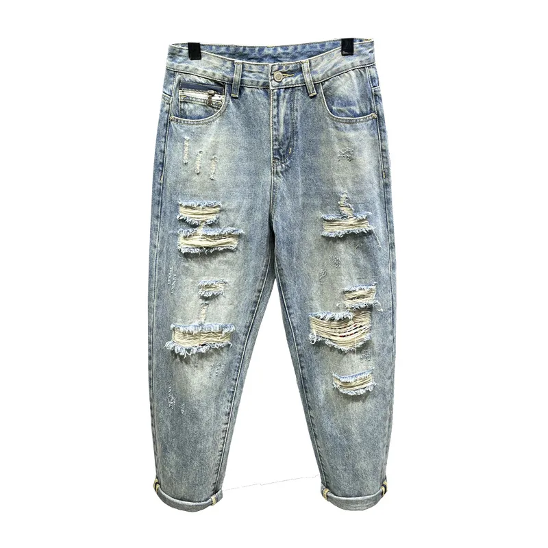 2024 New Ripped Trendy Cropped Pants Men's Spring and Summer Street Tide Brand Washed-out Vintage Distressed Blue Jeans