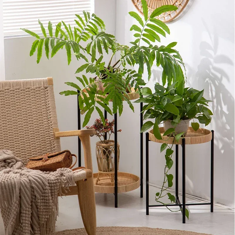 Simple Metal Plant Holder 2-Layer Rattan Woven Design Decorative Green Flower Stand Stylish Indoor Gardening Display