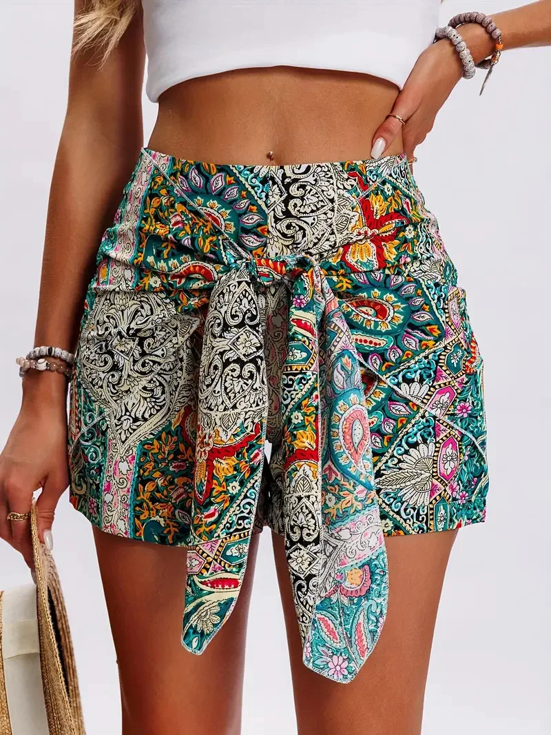 2026 Summer New Boho Paisley Print Wrap Skort High Waist Tie Front Scarf Hem Casual Beach Shorts for Woman Clothes