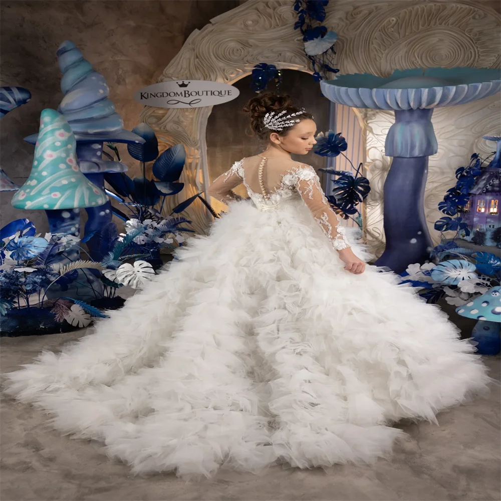 Luxus weiß abnehmbare Zug Blumen mädchen Kleid 3d Applikation für Schönheits wettbewerb Geburtstag Abschluss ball Brautjungfer Gast Prinzessin anpassen