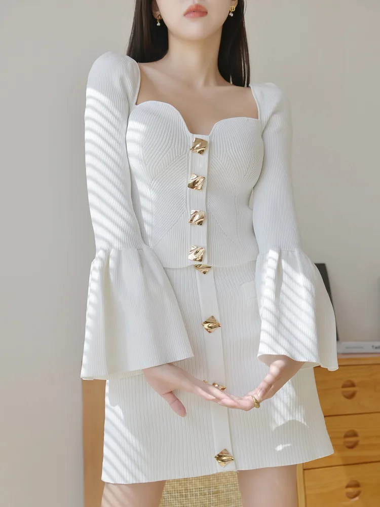 SHENGPALAE 2025 Spring New Golden Buckle Butterfly Sleeve Suit Women Square Collar Single Button Casual Elegant Clothing 5ZD1093