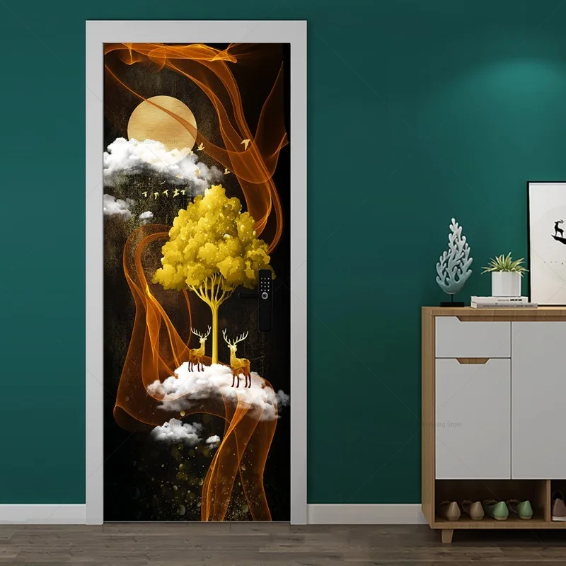 New Chinese Style Self-adhesive Door Sticker Light Luxury Home Decoration Mural PVC Vinyl Peel-off Wallpaper