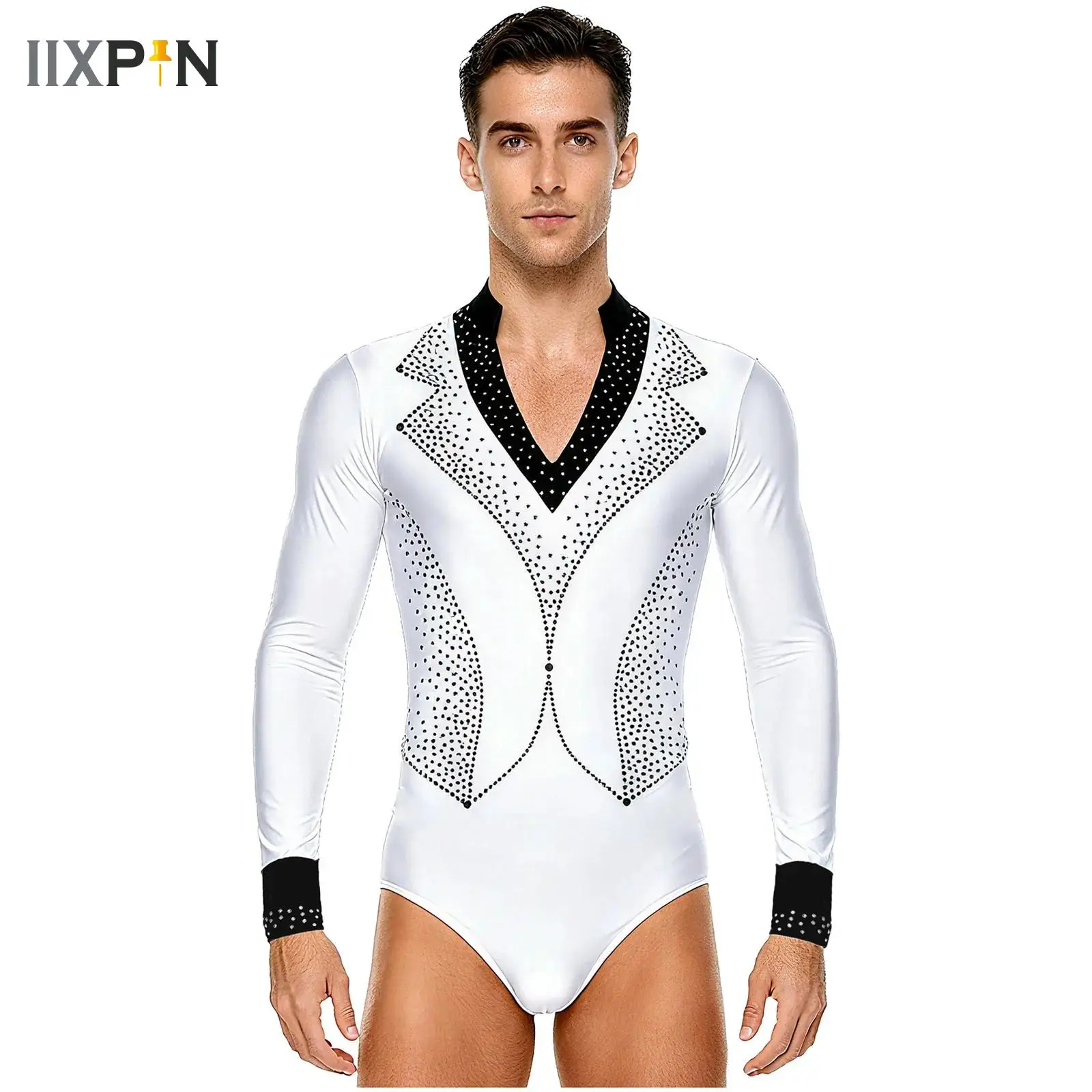 

Mens Figure Skating Shiny Rhinestones Bodysuit V Neck Long Sleeve Leotard Jumpsuit for Latin Ballet Jazz Dance Proms Performance